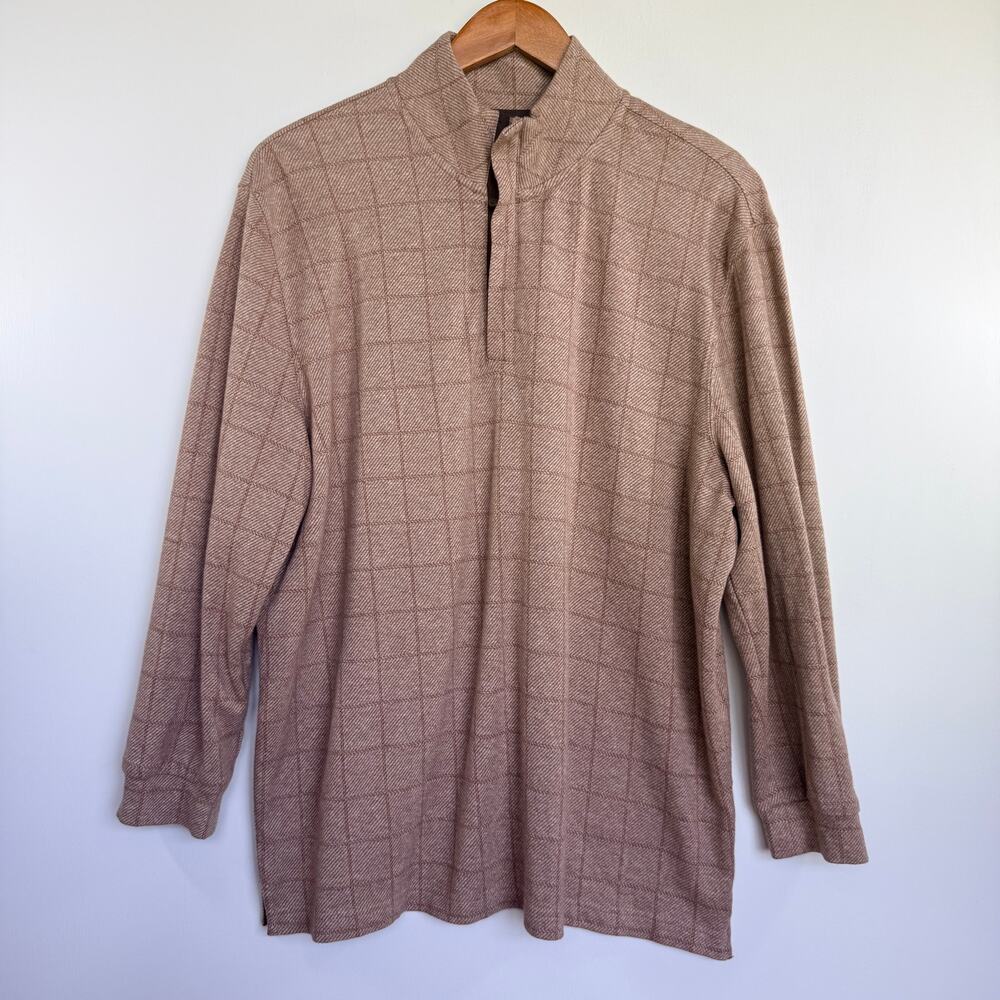 Jos A Bank Reserve Mens Large 1/4 Zip Pullover Brown Plaid Check Cotton Sweater